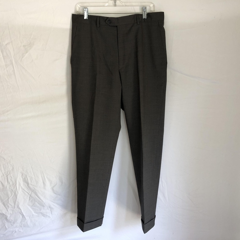 Santorelli Dress Pants Mens 34x29 Gray Check Wool Stretch Cuffed Made In Italy